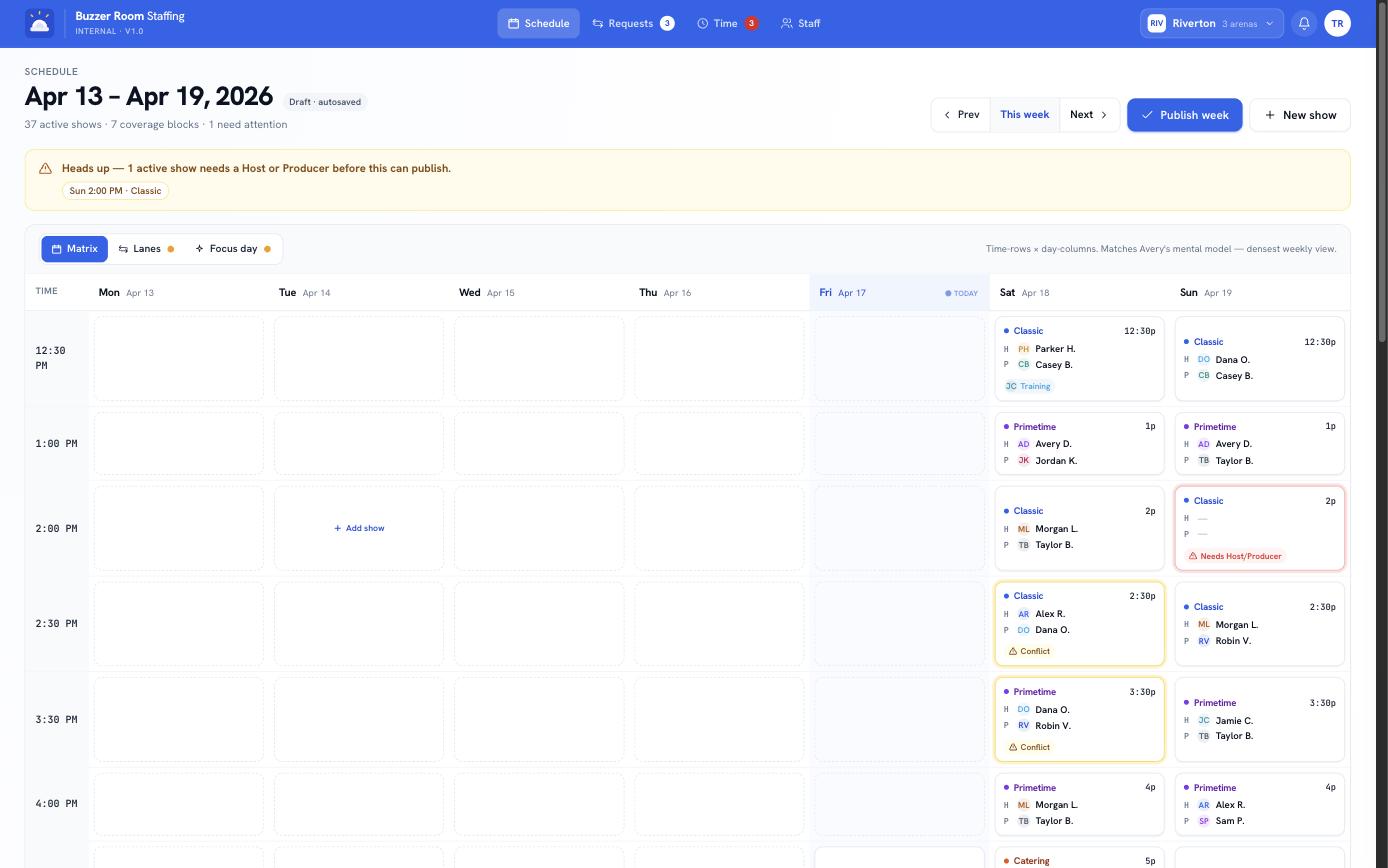 Buzzer Room Live — Staff Scheduling after
